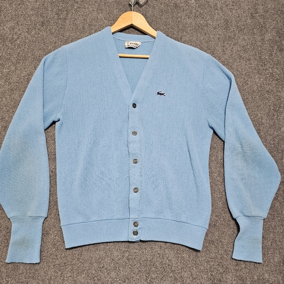 VTG IZOD Lacoste Men’s Medium Blue Cardigan Sweater Grandpa Preppy Acrylic RARE - Picture 7 of 16